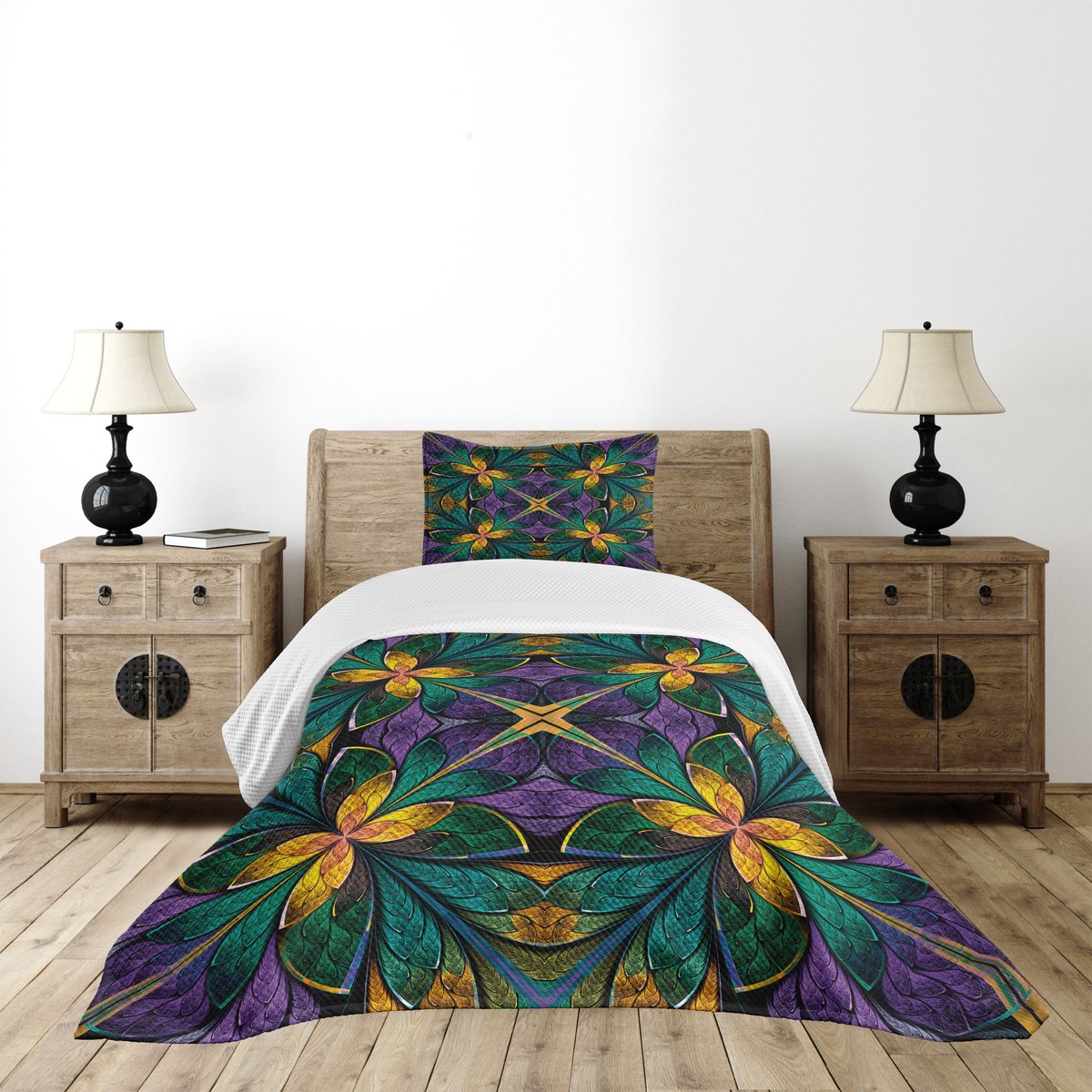 ABAKUHAUS Bloemen Sprei – Raamstijl – 170x220 cm – Paars/Groen