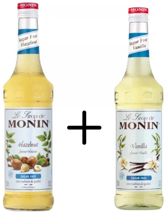 Monin Siroop vanille suikervrij 70cl + Hazelnoot suikervrij 70cl