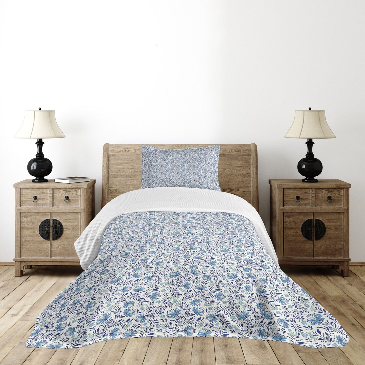 ABAKUHAUS – Sprei-set met bloemen – turkoois en donkerblauw – 170x220
