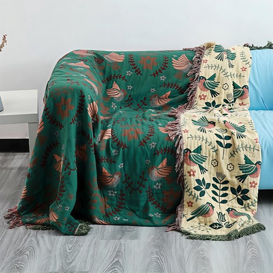 Couverture tissée 100% pur coton avec pompons, dimensions 150 x 200 cm, verte, belle et confortable, idéale pour canapé TV, fauteuil, couverture double face, couvre-lit.