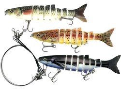 TopVisShop Kunstaas Swimbait Set – 3 Stuks 8-delig 12 cm / 20 g + 3 RVS Onderlijnen 25 cm – Multicolor Roofvis & Snoek Kunstaas