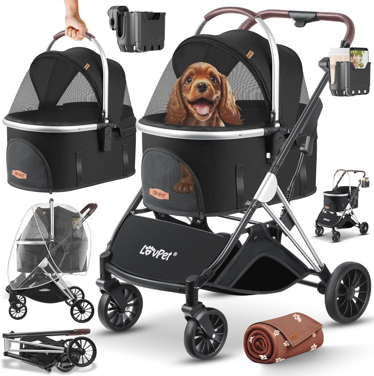 Hondenbuggy 3-in-1 - Opvouwbare Hondentransportwagen met 360° Wielen, Ruime Mand en Bescherming tegen Regen