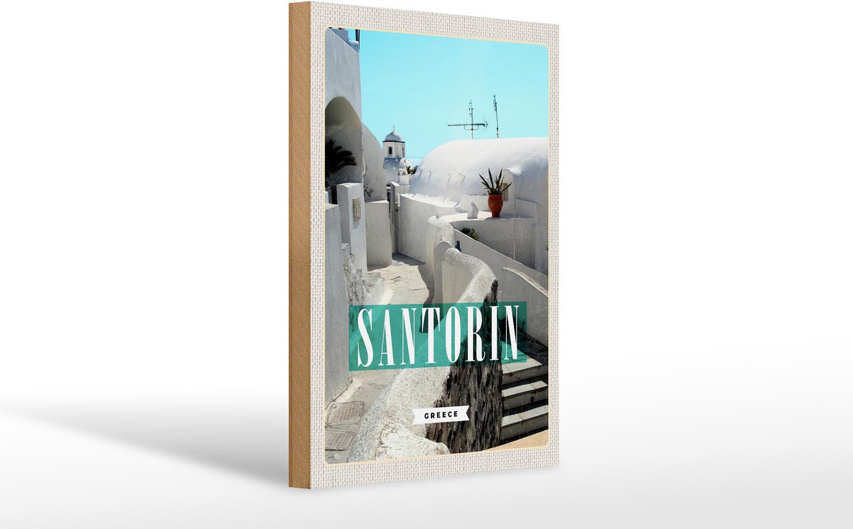 Femer Holzschild Reise 20x30cm Santorini weiße Gebäude Treppen Wit