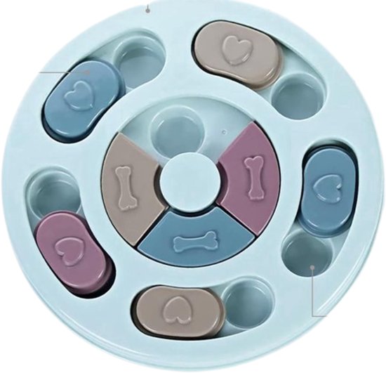 Ronde hondenpuzzel met vakjes voor voer en beweegbare onderdelen in blauw, roze en bruin.