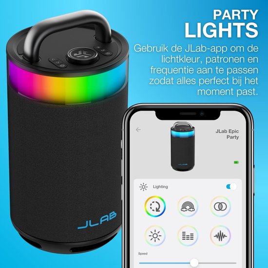 JLab Epic Draadloze Bluetooth Speaker - Muziekbox - 16 uur Batterijduur - 100 Watt - IPX6 Waterproof - Multipairing - Partyspeaker met Bass Boost - App Equalizer - Zwart
