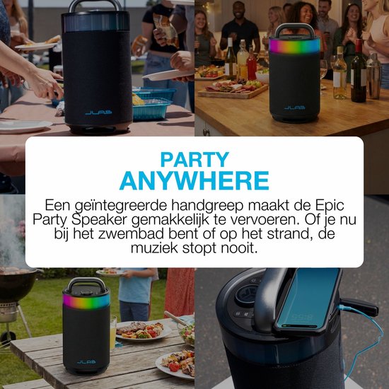 JLab Epic Draadloze Bluetooth Speaker - Muziekbox - 16 uur Batterijduur - 100 Watt - IPX6 Waterproof - Multipairing - Partyspeaker met Bass Boost - App Equalizer - Zwart