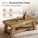 Bruine 120cm houten salontafel met 2 lagen open opbergruimte, voor tijdschriften, boeken en kleine spullen.