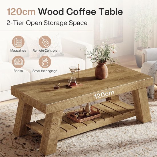 Bruine 120cm houten salontafel met 2 lagen open opbergruimte, voor tijdschriften, boeken en kleine spullen.