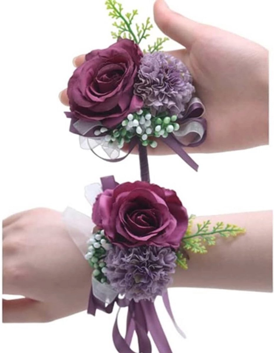 Roze Bloem Corsage en Boutonniere Set voor Bruiloft en Feestdecoraties (Diep Paars)