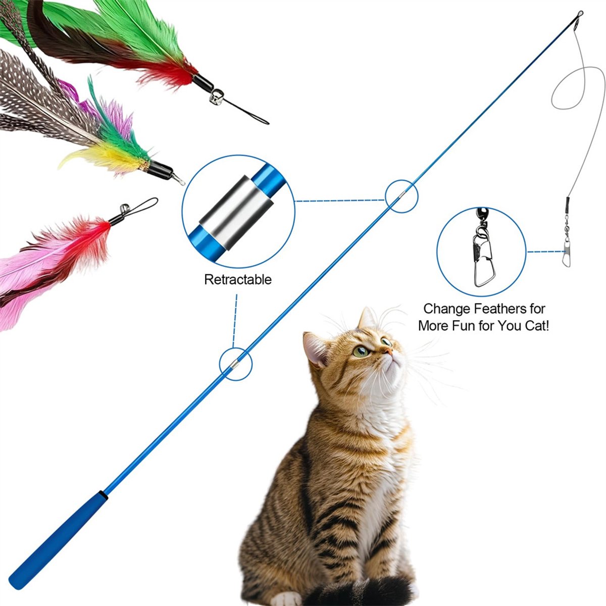 Cat Toys Veren Speelgoed, 2 stuks intrekbare hengel en 10 stuks vervangende verenkoppen met belvullingen, interactieve vanger en leuke oefening voor kitten en kat thumbnail 4