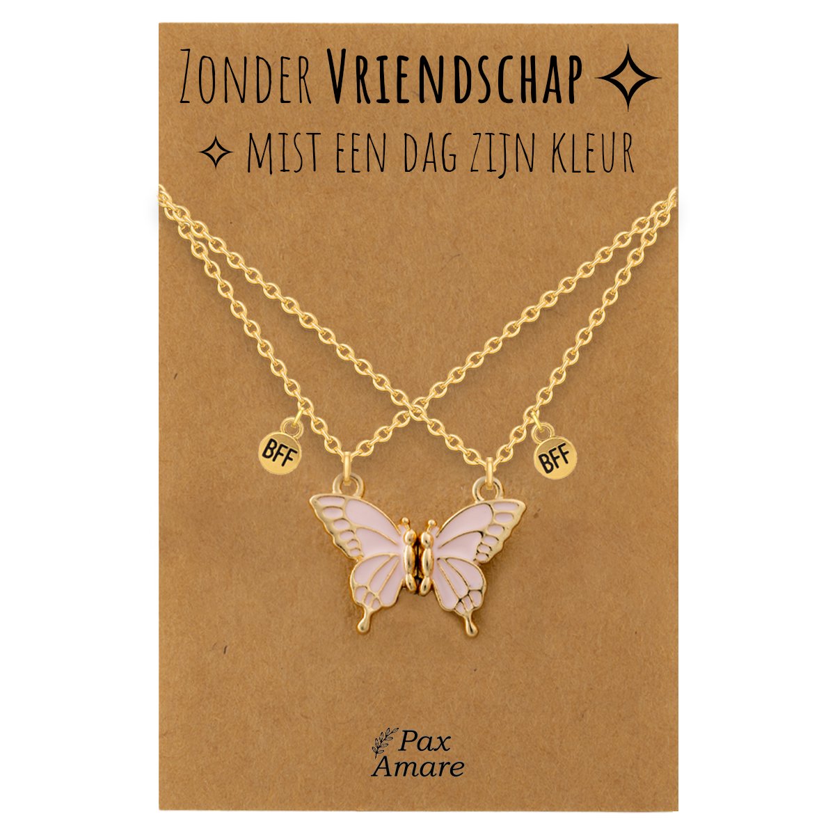 BFF Ketting voor 2 'Zonder Vriendschap mist een dag zijn kleur' - Magnetische Roze Vlinder - Vriendschapsketting op Cadeau Kaartje - 45cm + 5cm verstelbaar - Goudkleurig - Best Friends Hanger - Pax Amare