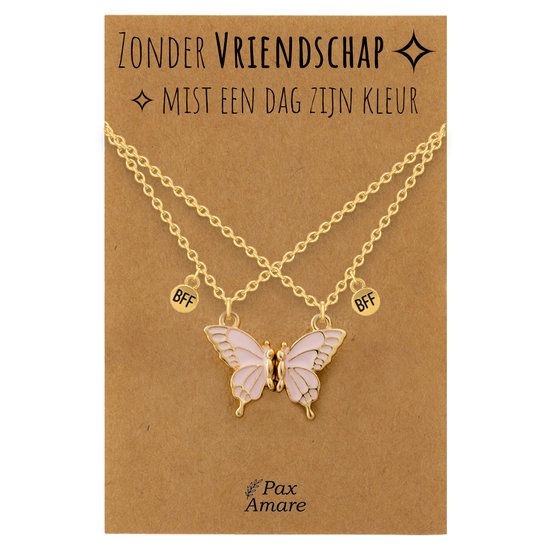 BFF Ketting voor 2 'Zonder Vriendschap mist een dag zijn kleur' - Magnetische Roze Vlinder - Vriendschapsketting op Cadeau Kaartje - 45cm + 5cm verstelbaar - Goudkleurig - Best Friends Hanger - Pax Amare