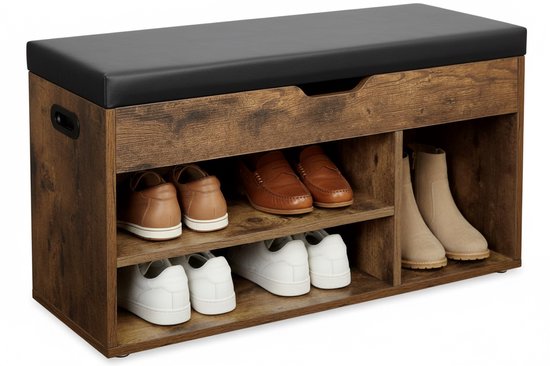 2-laags schoenenopbergbank met kussen, houten schoenenopbergkast met lades, zitting en tas, schoenenrekbank slaapkamer gangmeubilair, 60/80/100 * 30 * 45CM,A,100CM