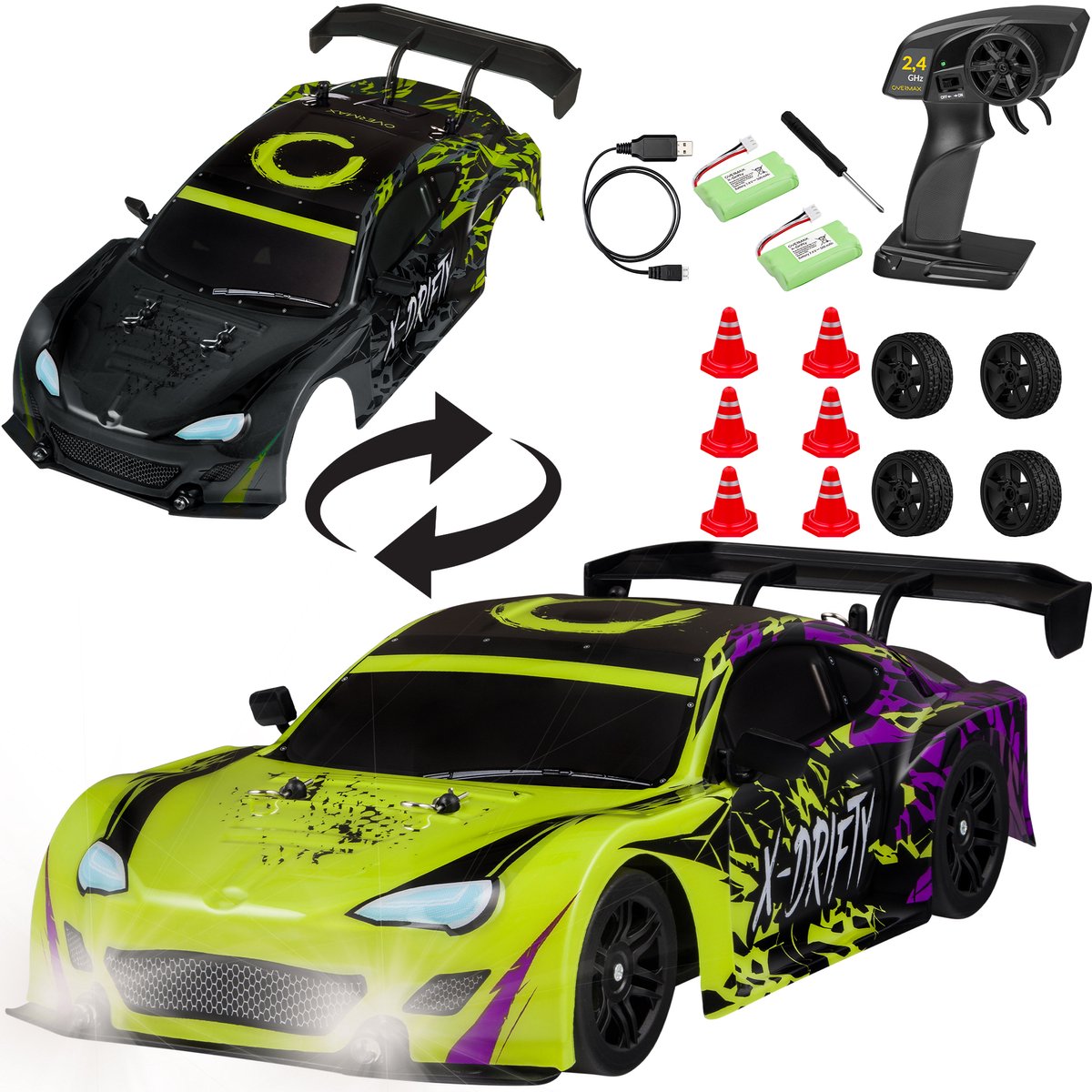 Overmax X-Drifty - R/C Auto + Grijs carrosserie - 1:16 - 4WD - 40 Min Speeltijd - 20 km/u - LED-lampen - 2 Set Wielen - Drift & Race - Hindernissen & Stickers - Snel Opladen - Kinderen vanaf 3 Jaar - Bestuurbare Auto