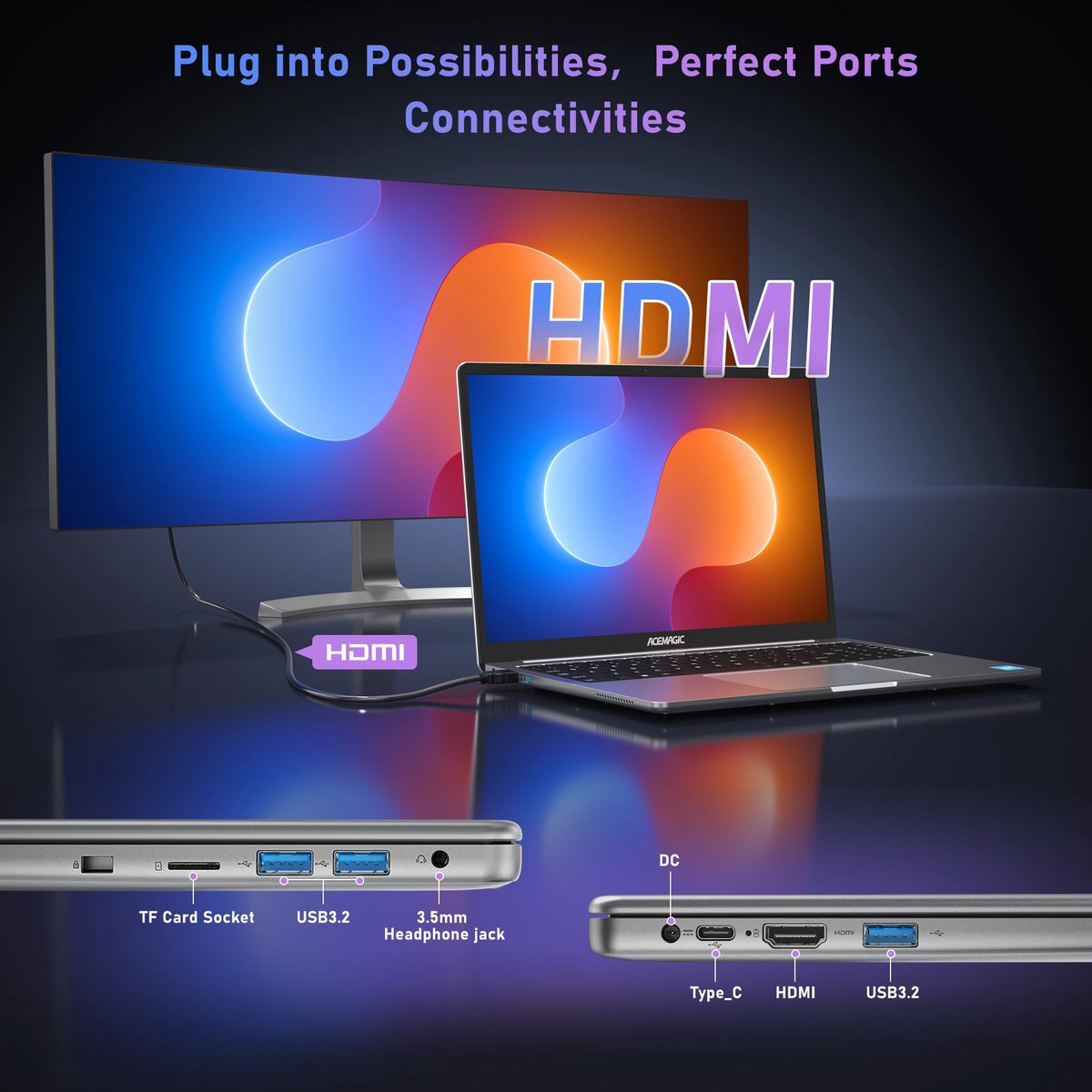 Acemagic AX16 Laptop - 16 inch Full HD Notebook - In-tel Alder Lake N95 (tot 3,4 GHz) - 16 GB DDR4 RAM 512 GB SSD - WiFi- BT5.0 - Type C -Grijs — afbeelding 7