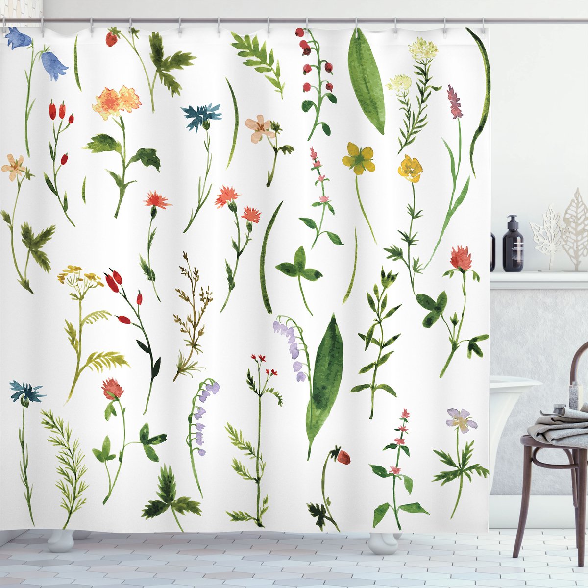ABAKUHAUS douchegordijn – Bloemen Onkruiden – 175 x 180 cm – Wit-Groen-Rood
