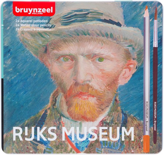 Blikken doos met aquarelpotloden, afgebeeld met Van Goghs Zelfportret en een potlood met penseel.