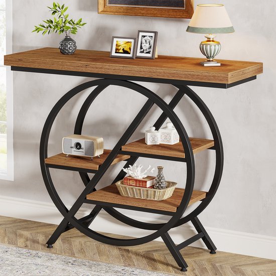 en.casa] Console tafel Vesanto sidetable met vakken en plank 100x30x76 cm bijzettafel opbergtafel metalen frame dressoir eikenkleurig en zwart