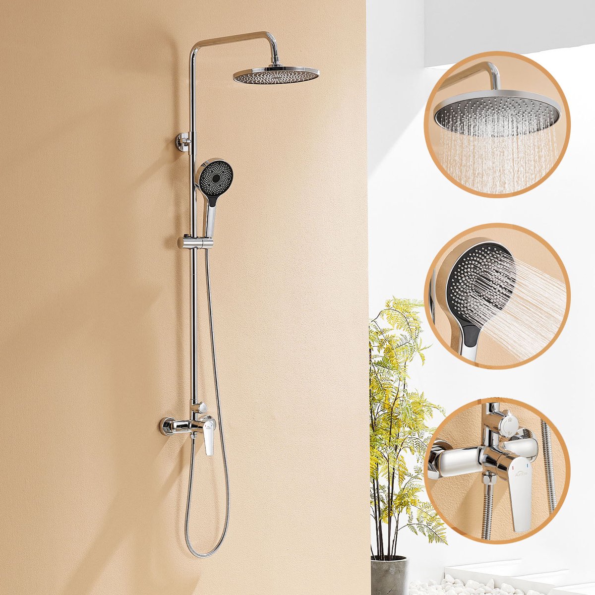 Auralum Max Regendouche - Doucheset - Regendoucheset - Hoogte Verstelbaar 103-139 cm - 3 standen Handdouche - Wandmontage - Waterbesparend - Chroom