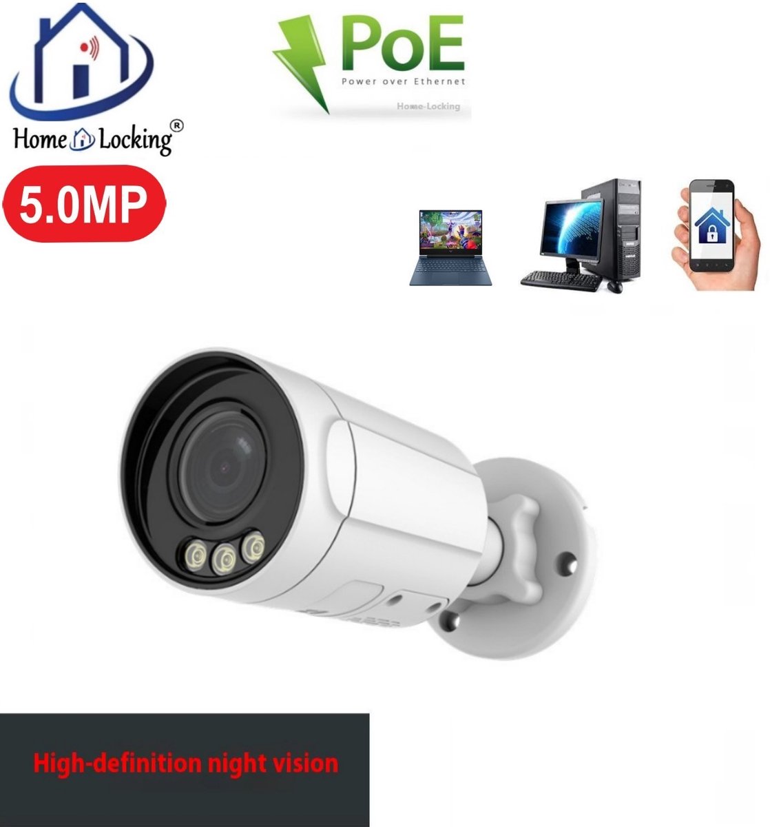 Home-Locking IP-camera PoE met bewegingsdetectie + microfoon Full Color Night Vision 5.0MP. C-1272