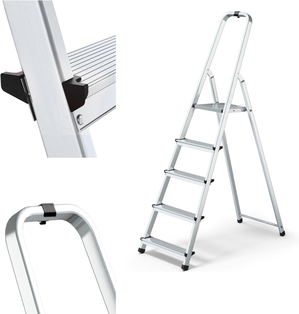 MMP® Huishoudtrap 5 Treden - Huishoudtrap - Keukentrap - Draagvermogen 125 kg - 25x1x26cm - Zilver