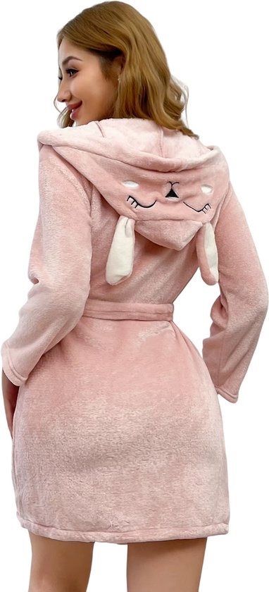 Joyaria Dames winter fleece badjas/ochtendjas/saunajas/huisjas met capuchon, warm zacht pluche, wollig, lang, S-XL, Grijze kraag, L