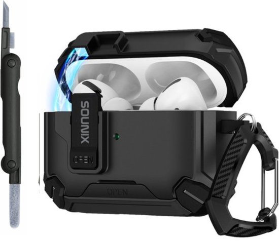 Sounix Hoesje geschikt voor Airpods Pro 1 / 2 - Met schoonmaak borstel - Airpods Pro Hoesje - Armor Case met Lock - Zwart