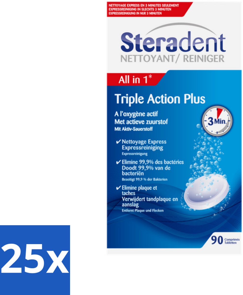 25 x Steradent Triple Action Plus Kunstgebit Reiniger 90 tabletten - Kunstgebit Reinigen - Tandplak Verwijderen - Aanslag Verwijderen - Kunstgebit Reiniger - Kunstgebit Hygiëne