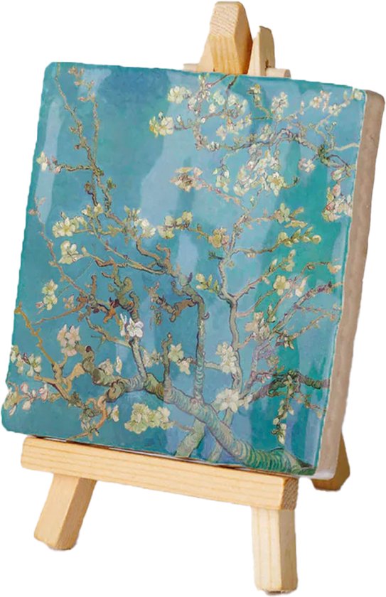 Kunsttegeltje.nl - Mini schilderij tegeltje van Gogh - Amandelbloesem - Kunst Schilderijtje met houten ezeltje - 10x14cm