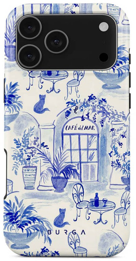 Telefoonhoesje met blauw-wit Delfts blauw patroon van een caféterras met katten en planten. "Café del Mar".