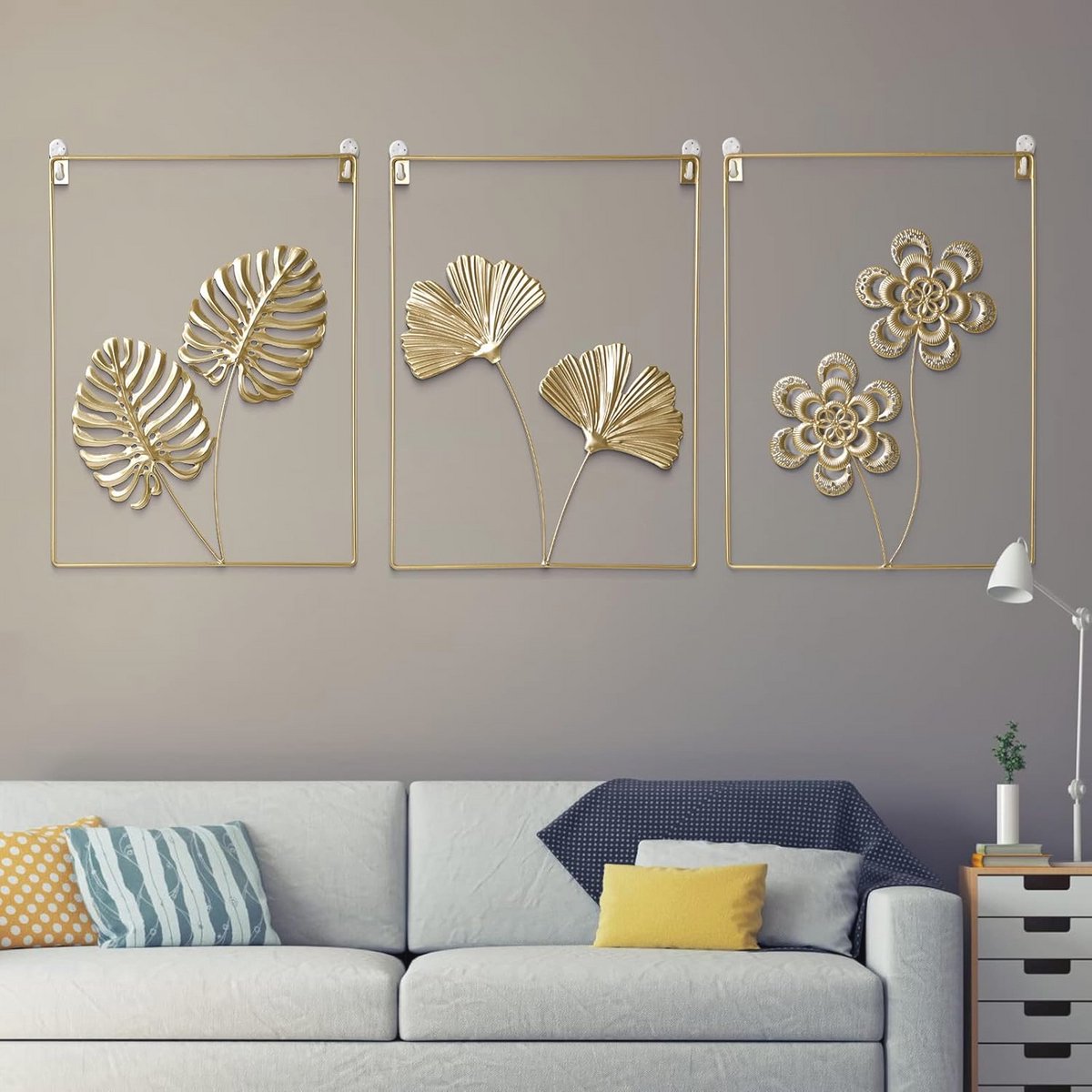 Gouden Muurdecoratieset - 3-delige Metalen Wanddecoratie voor Woonkamer, Slaapkamer en Kantoor