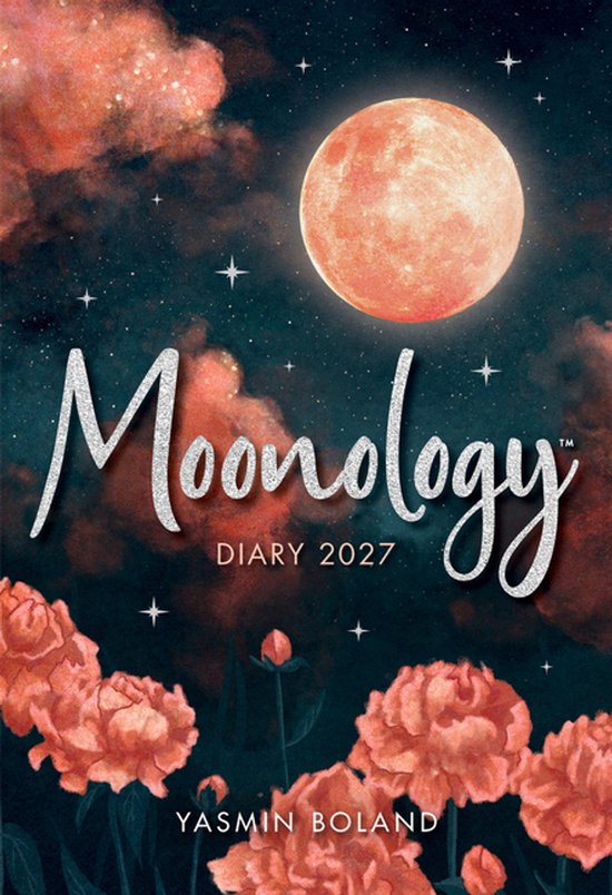 Couverture de livre "Moonology Diary 2027" avec une grande lune orange au-dessus de pivoines épanouies.