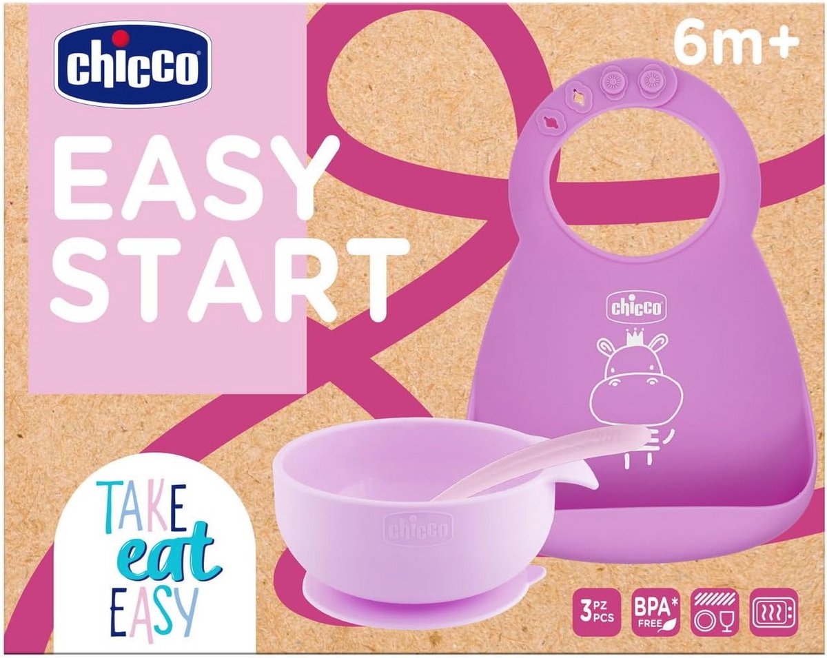 Antislip Siliconen Babyvoedingsset met Slab, Kom en Lepel - BPA-vrij - 3-delig - Roze