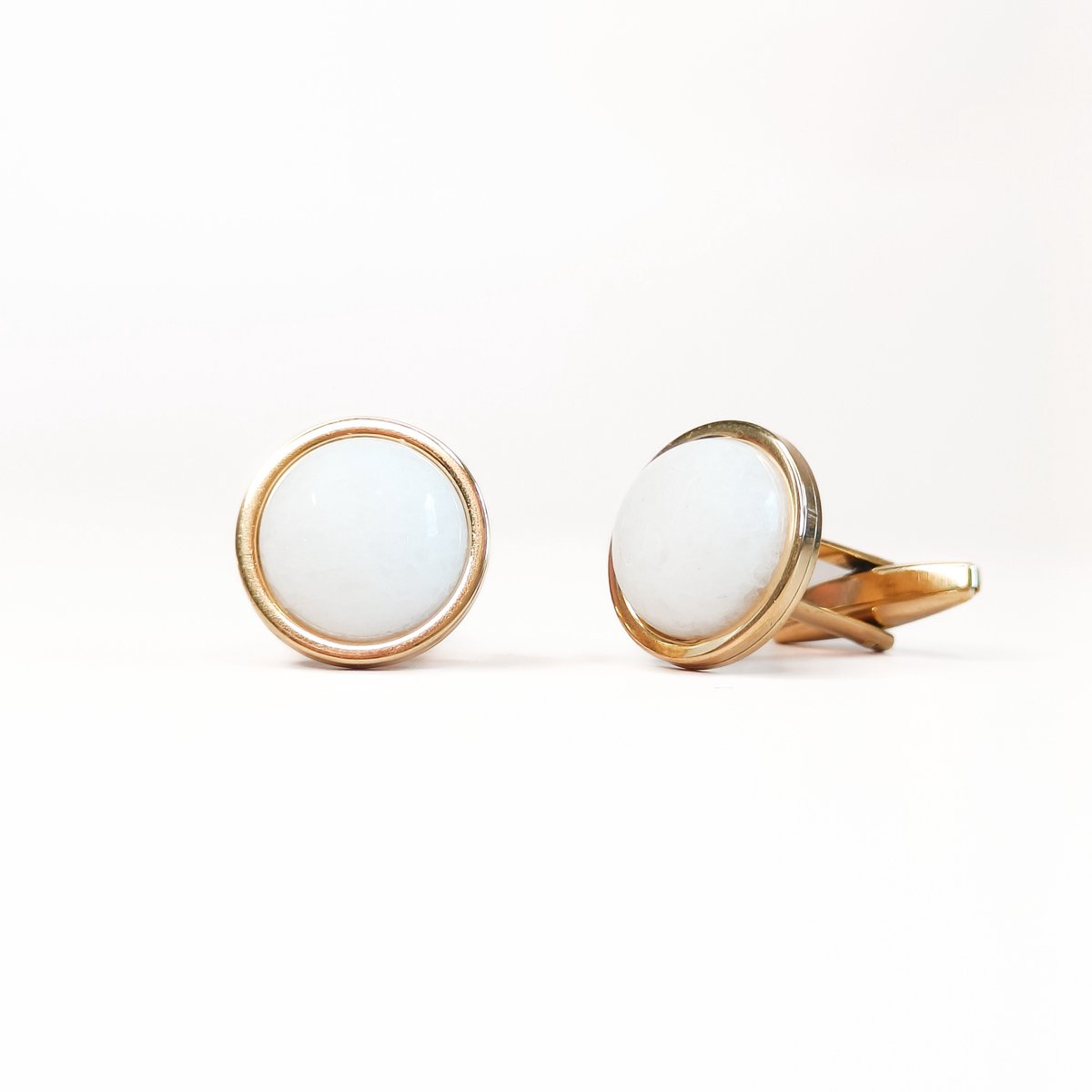 Ava & Imber | Witte Jade Manchetknopen Goud | Manchetknopen Wit Edelsteen | Stenen Knopen Bol Natuursteen in Cadeaudoosje
