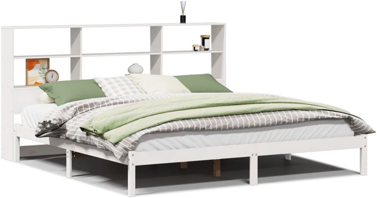 Tweepersoonsbed | Dubbelbed | Volwassenenbed | Bed met boekenkast zonder matras grenenhout wit 180x200 cm