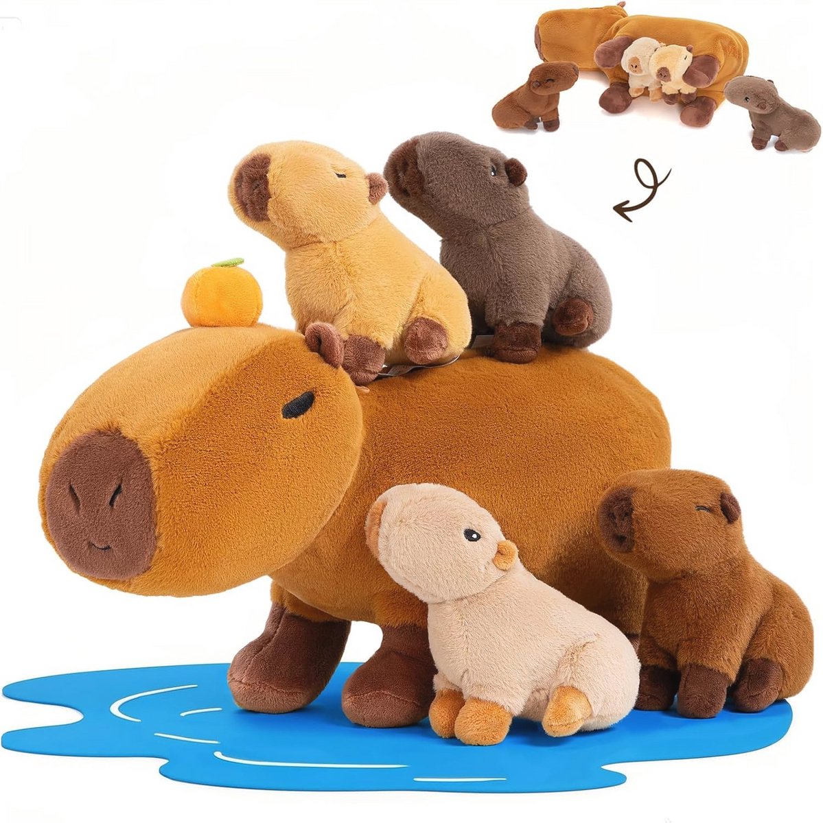 Pluche Capibara Knuffeldier met 4 Baby's - 36 cm