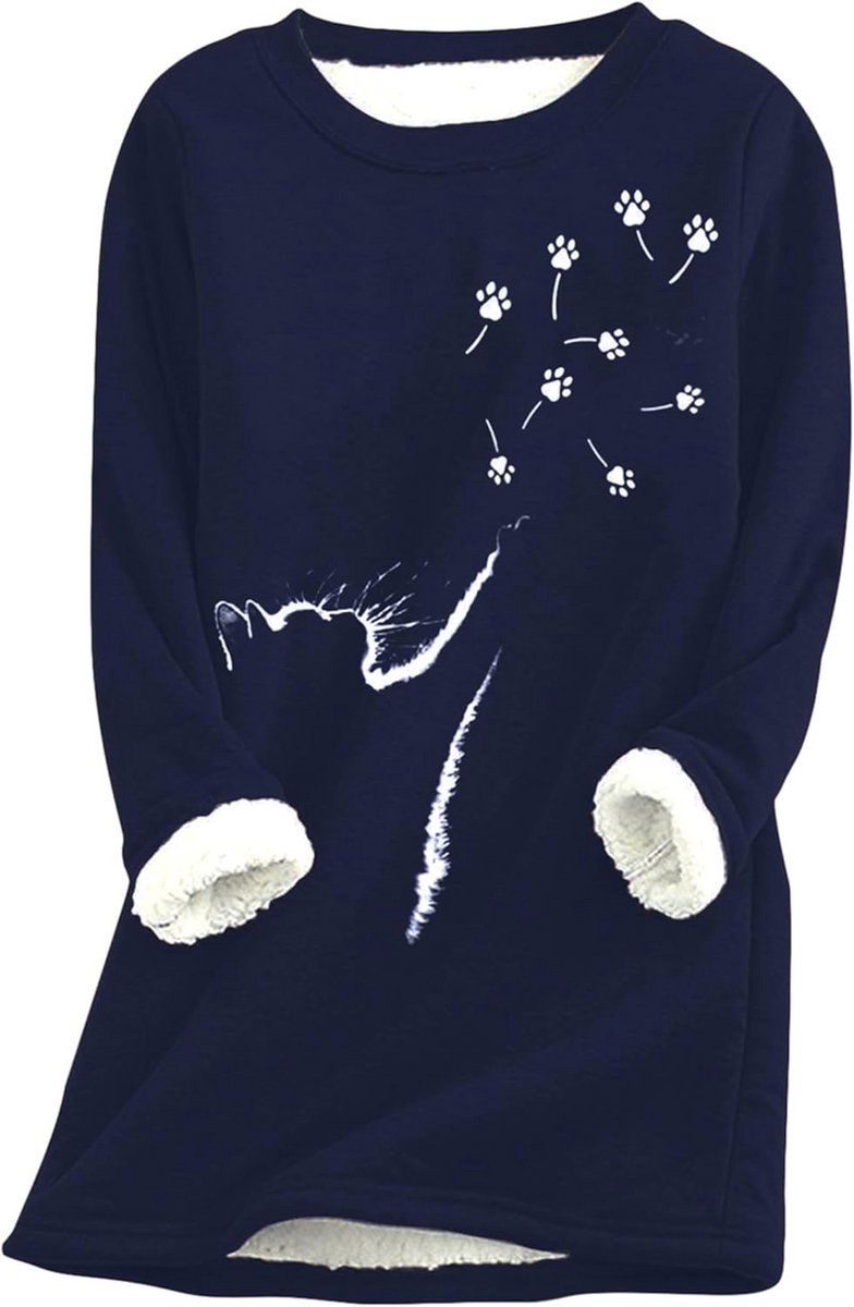 Dames Wintertrui met Kattenpatroon - Fleece Casual Sweatshirt met Ronde Hals