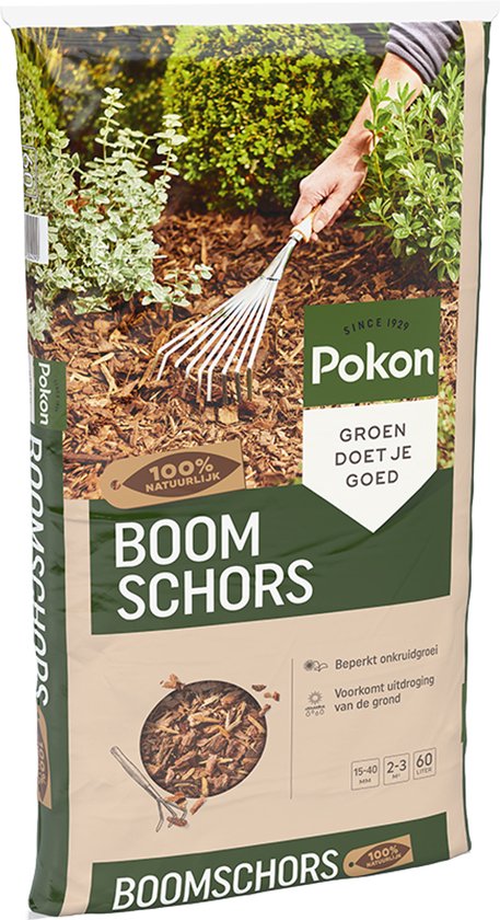 Zak Pokon Boomschors 60L. Groen doet je goed. Beperkt onkruid, voorkomt uitdroging.