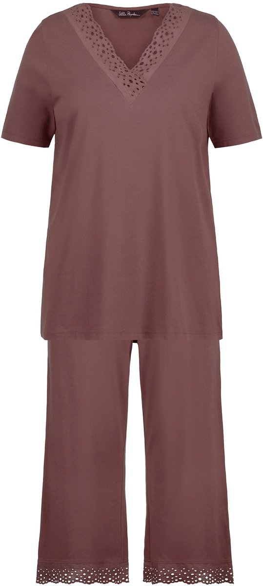 Ulla Popken - Dames - Pyjama opengewerkt borduursel korte mouw modalmix - Aarde - Maat 62+