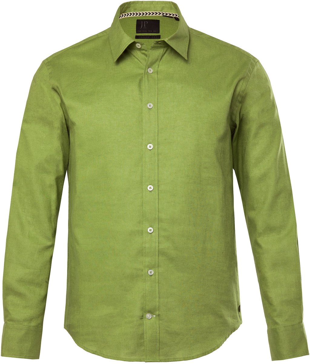 JP 1880 - Heren - Overhemd van linnenmix lange mouwen kentkraag moderne pasvorm - Mosgroen - Maat 7XL