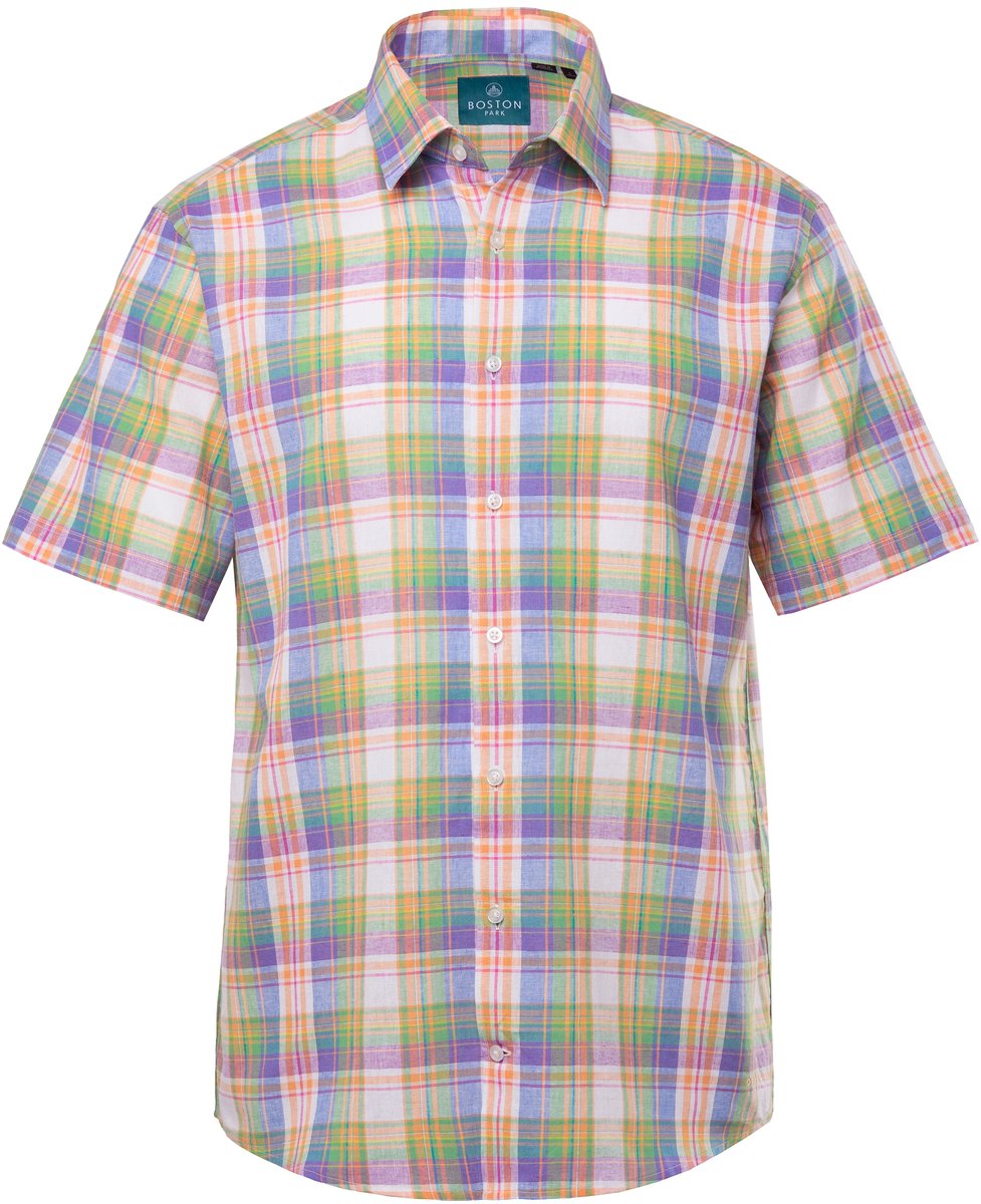 Boston Park - Heren - Geruit linnenmix overhemd korte mouw kentkraag comfort fit - Duifblauw - Maat XL
