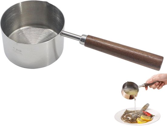 Kookgerei - Kleine oliepan - Minipan - RVS kookpan - Kleine oliepan - Koekenpan - Pan om noedels te koken - Mini oliepan - Houten huishoudfles - 250ml
