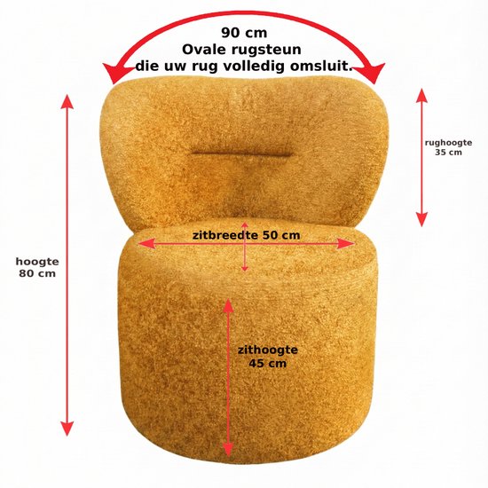 Afmetingen van mosterdgele poef: hoogte 80 cm, zitbreedte 50 cm, zithoogte 45 cm, rughoogte 35 cm. Ovale rugsteun die de rug volledig omsluit.