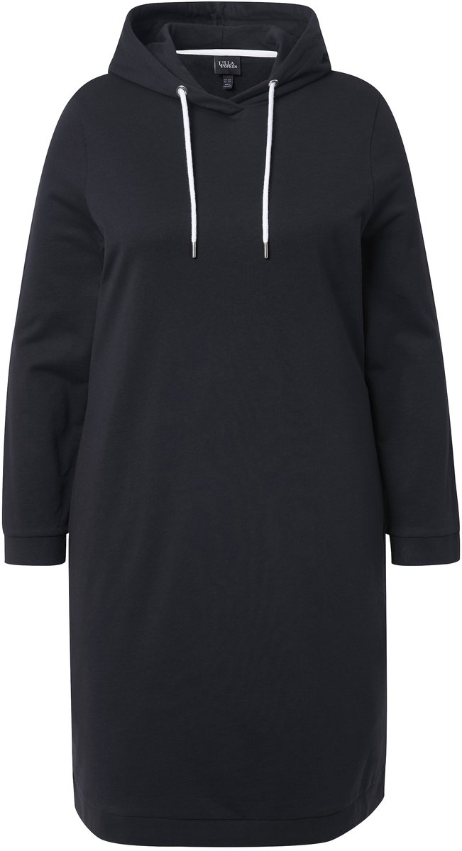 Ulla Popken Dames - Loungewear-jurk capuchon zacht geruwd geribbelde boorden - Zwart - Maat 46+