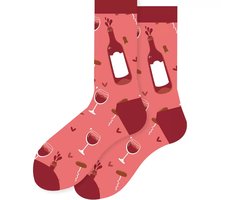 Dames Sokken – roze – rood – leuke print wijn – glas- fles