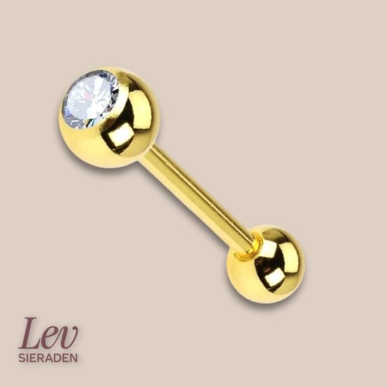Gouden barbell piercing met aan elk uiteinde een bal. Eén bal is bezet met een zirkonia steentje.