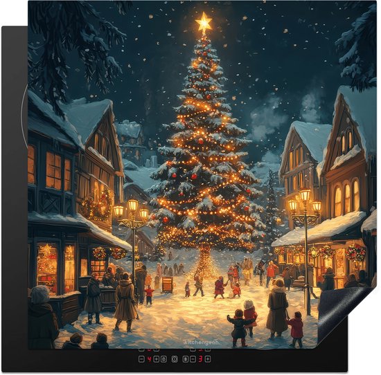 Inductiebeschermer met een print van een kerstdorp met kerstboom en sneeuw.