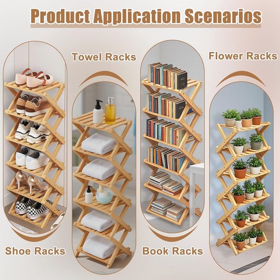 Bamboe Opvouwbare Schoenenrek Klein, Draagbare Houten Schoenopslag Organizer Smalle Hoge Schoen Opbergrek Indoor voor Hal, Entryway [primms en Smallors, Spacary Color] 2 lagen) ([tawny] 6 lagen