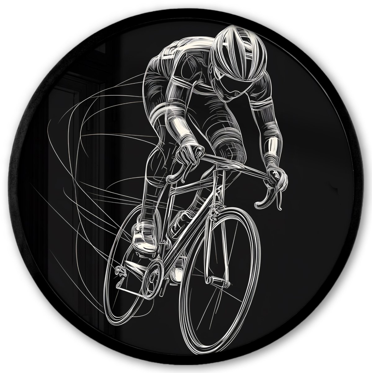 FrameYourWall Poster in lijst Rond - Fotolijst 40x40 cm - Posters - Lijntekening - Wit - Wielrennen - Snelheid - Ronde posterlijst zwart - Decoratie - Wanddecoratie woonkamer - Muurdecoratie slaapkamer Wielrenner - Fiets