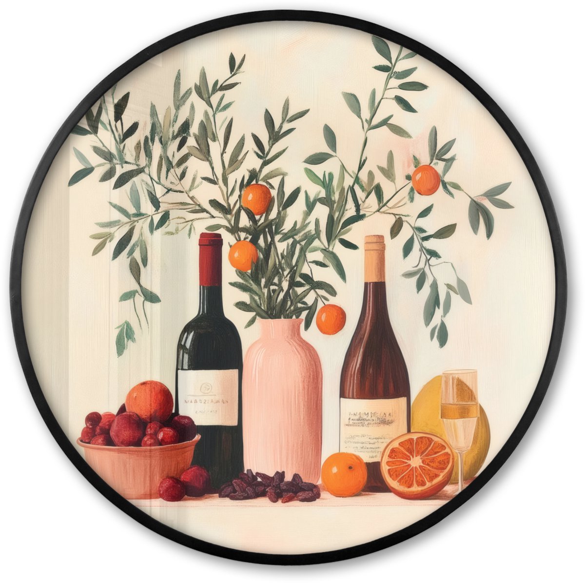 FrameYourWall Poster in lijst Rond - Fotolijst 80x80 cm - Posters - Wijnflessen - Takken - Sinaasappels - Ronde posterlijst zwart - Decoratie - Wanddecoratie woonkamer - Muurdecoratie slaapkamer